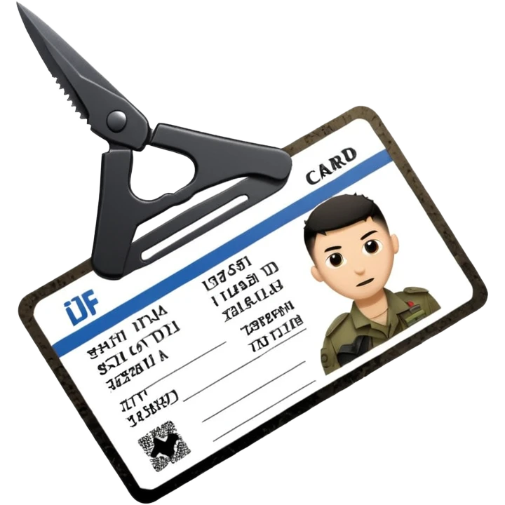 black Scissors cutting an idf soldier ID card in 2 parts .hyper realistic emoji