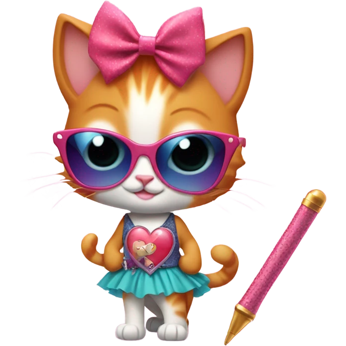 A ginger kitten wearing a skirt and point shoes holding a magic wand and wearing heart shaped sun glasses emoji