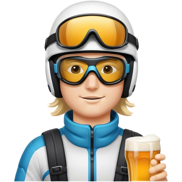 After-ski, a skier, wearing modern skiing goggles on his ski helmet, drinking beer. The person should not wear any glasses. emoji