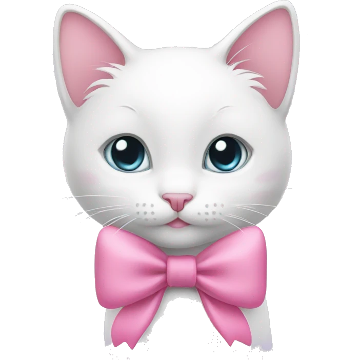 White kitty with a bow and pink hearts around emoji