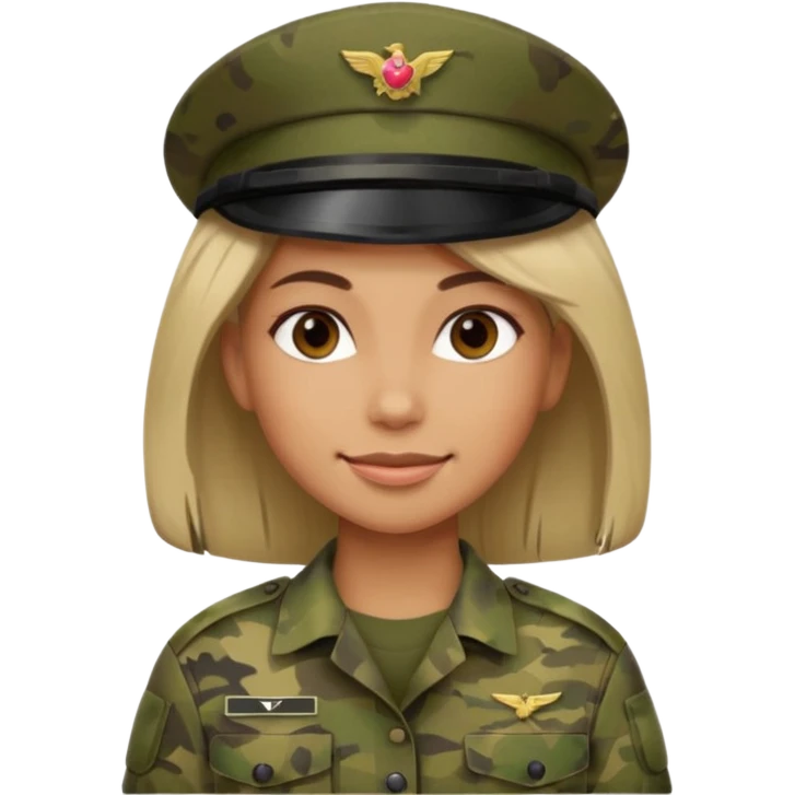 Female soldier emoji in Apple style, no cap/helmet, bust portrait, gentle smile, generic camo, hair visible, soft gradients, transparent PNG emoji