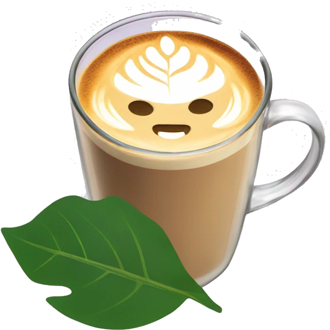 A latte in a clear glass mug with a leaf-shaped latte art design emoji