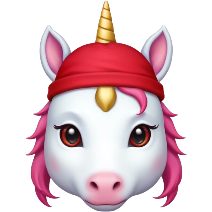 unicorn face cute wearing cute red hat, horn piercing through the hat looking in the camera emoji