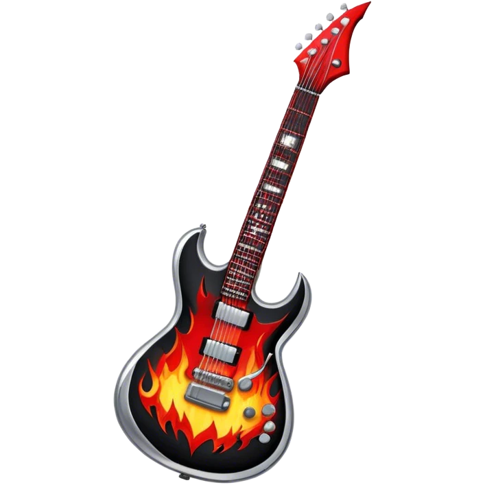 Create a bold and powerful emoji representing rock vocal performance in a humanless collage. The design should feature a vintage microphone at the center, surrounded by a heavy, aggressive hardcore electric guitar with sharp, jagged edges. Include crossed drumsticks behind the guitar, symbolizing the intense rhythm of rock music. Add fiery elements like flames or lightning bolts to enhance the raw energy of the design. Use dark, bold colors like black, red, and silver, with metallic or chrome accents to reflect the rebellious, hard-hitting nature of rock. The background should be transparent. emoji