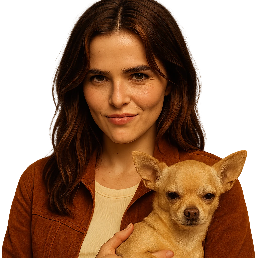 Portrait centered for Instagram profile picture, inspired by facial features visible in the reference images of Zoe Deutch, tanned complexion, subtle freckles, shirt color #FFF8CA, rust-colored jacket, medium-length brown hair with auburn highlights, rebellious and playful expression, holding a beige-brown chihuahua, Netflix series style, transparent background, intimate and expressive atmosphere inspired by Tenerife. emoji