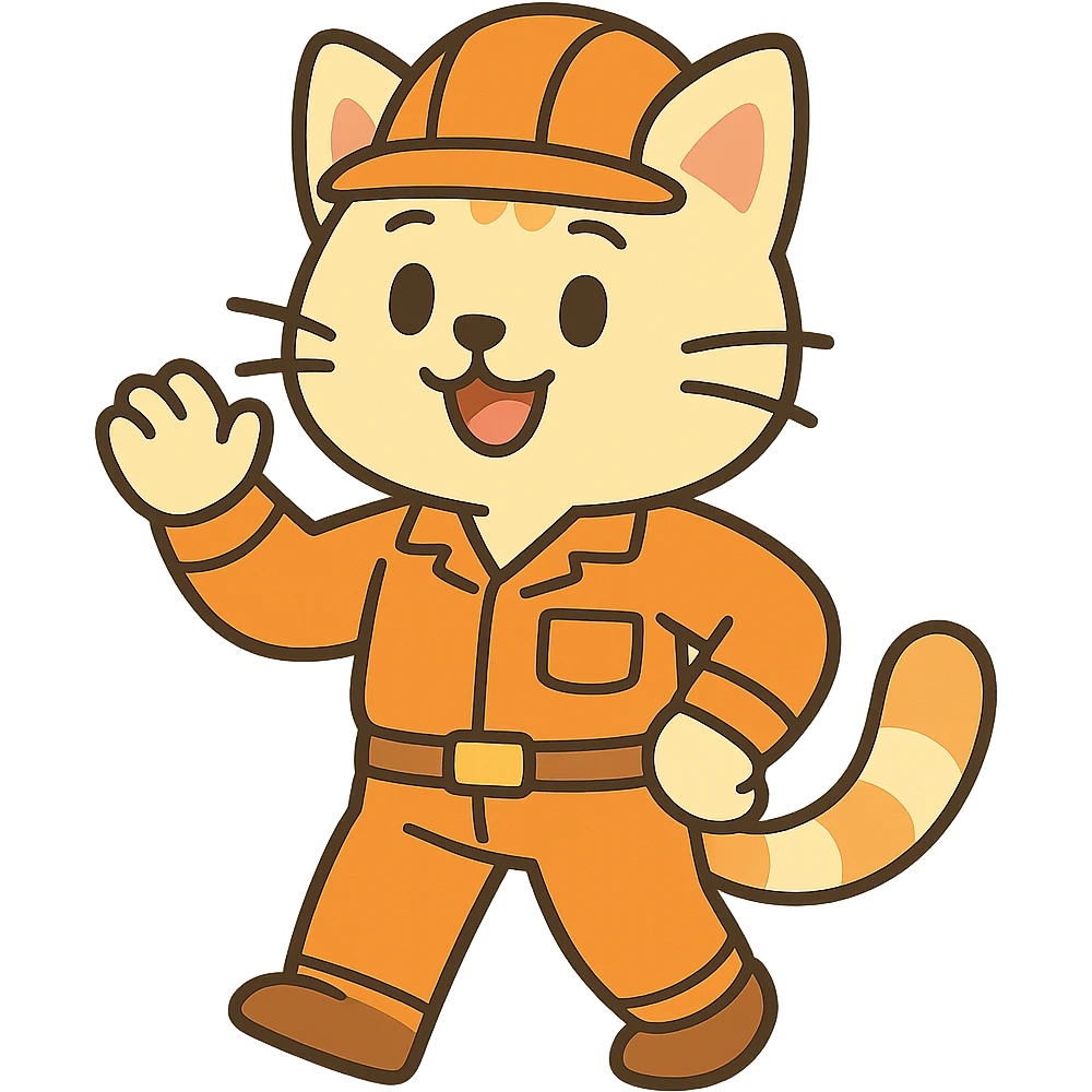 cat character with orange hard hat and work uniform, anime inspired emoji