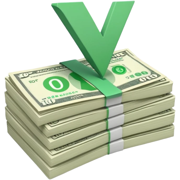 stack of bills facing up with a big green tick in the background emoji