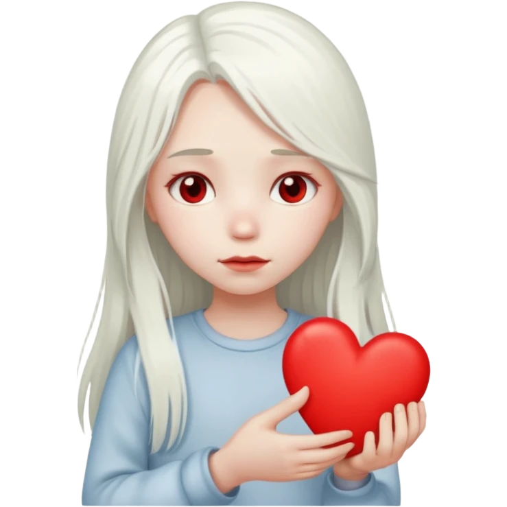 A girl with long white hair is sad and holds a red heart in her hands emoji