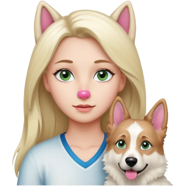 White European young woman with blue-green eyes and long blond hair with her white German Shepherd dog,the Dog has a pink nose and short fur  and Brown eyes emoji