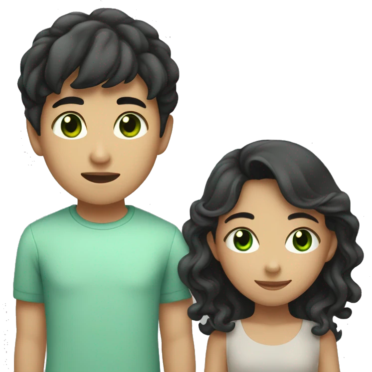 asian boy with short curly hair holding hand of girl with green eyes and dark long straight hair emoji