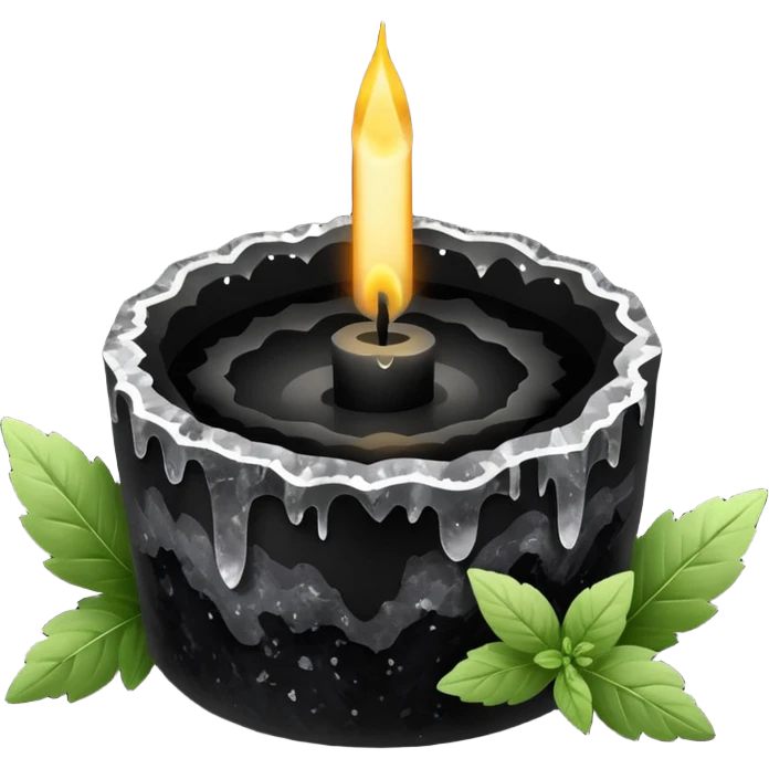 Black candle in a black geode with herbs emoji