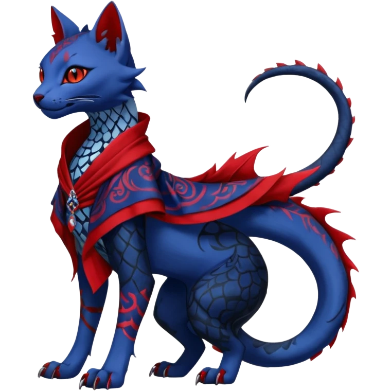 Kawaii feral, four-legged gothic badass black, red, indigo, cute beautiful pretty elegant divine edgy feline-vernid-sergal-Haku-dragon-fursona-animal-creature, full body, with intricate detailed markings, silken shawl emoji