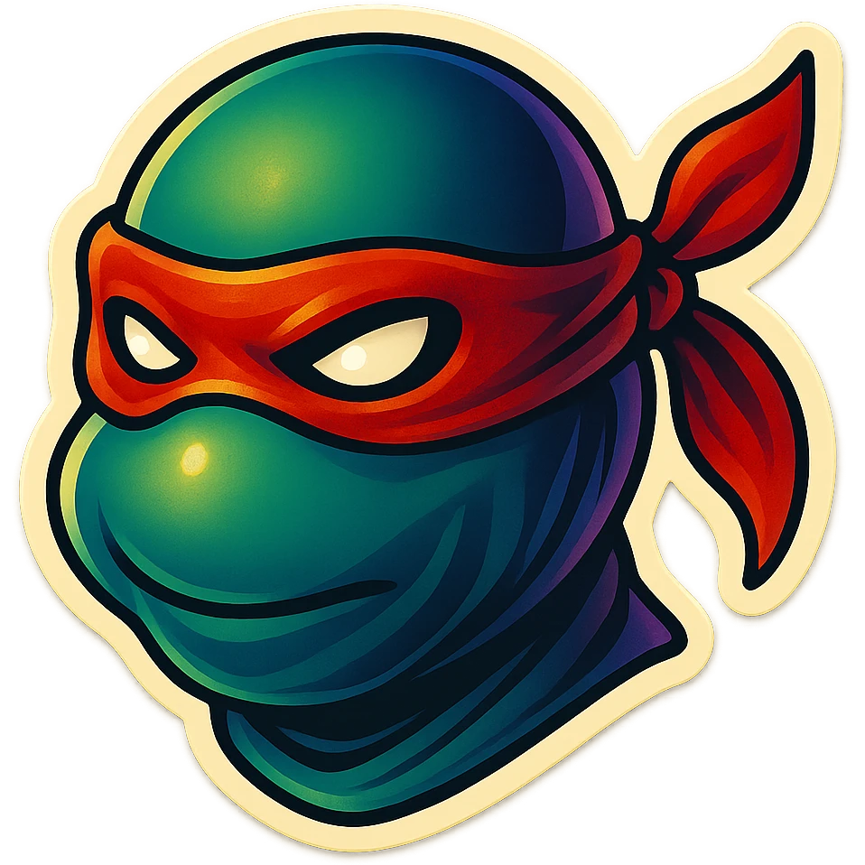 generate the face of a ninja turtle
Without showing teeth
It can't be green
maybe with a Nina mask instead of those stripes
It can't look too much like Nickelodeon's intellectual property.

Put on a traditional ninja mask that covers the entire face. emoji