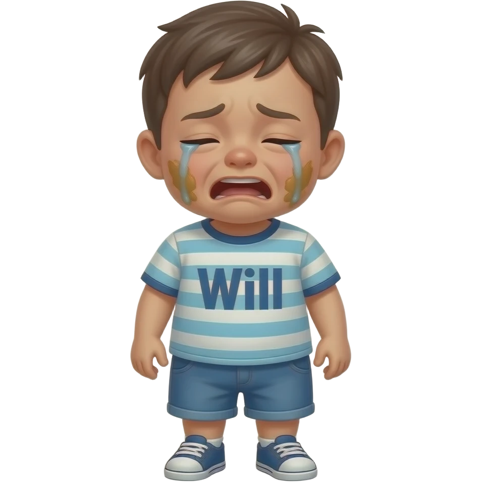 hazme un niño gordo llorando con la cara manchada de comida. que ponga will en la camisa. mucho mas gordo foto a cuerpo completo emoji