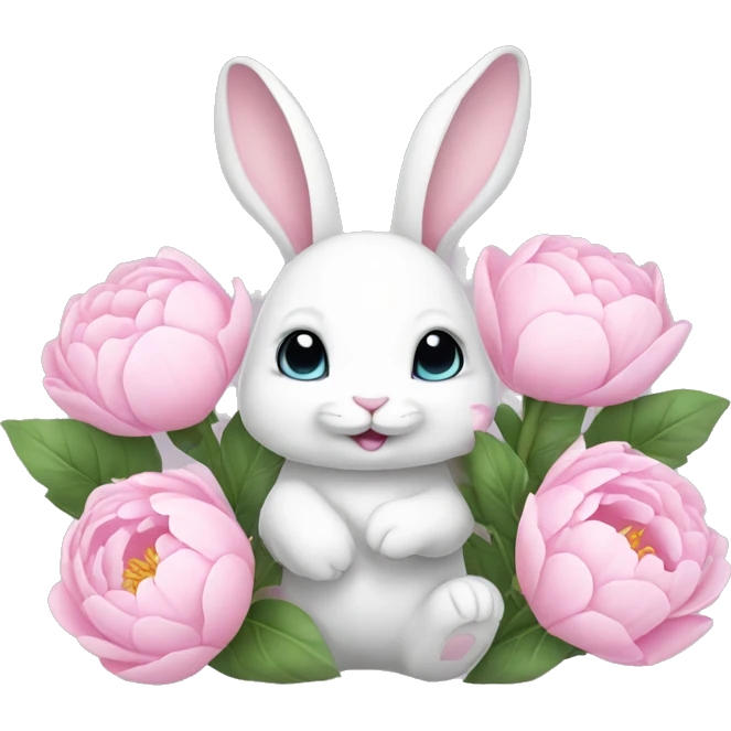 cute white bunny holding light pink peonies emoji