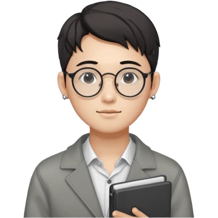 korean male guy 20s wearing an apnotebook, wearing radio earrings, round glasses, achromatic clothes, and achromatic clothes. emoji