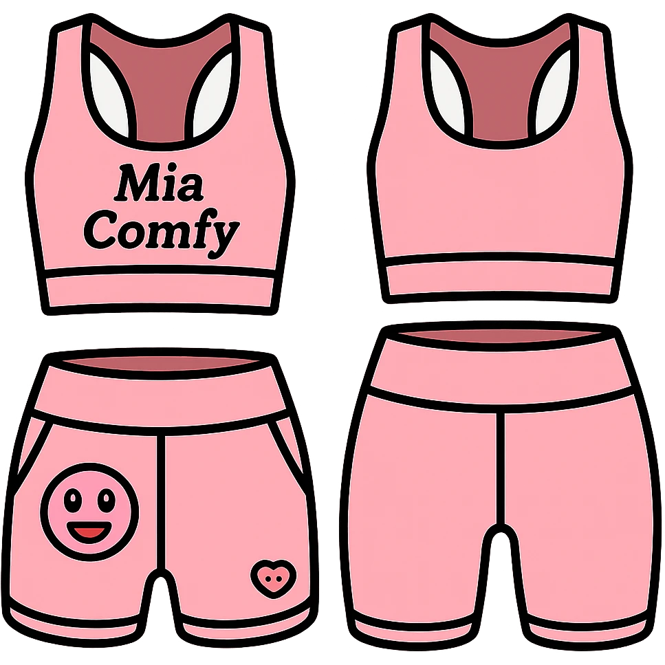Add the name 'Mia Comfy' in a clear, stylish font on the pink yoga top. Keep the background transparent. emoji