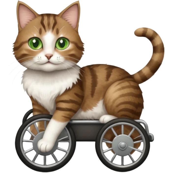 disabled brown tabby and white cat using cat wheelchair emoji