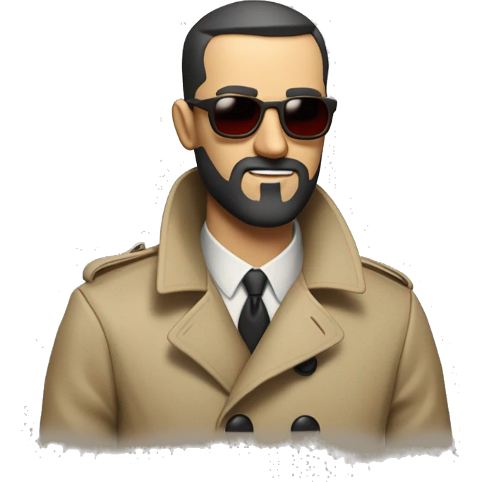 <excerpt>
A 1930s white man with real buzz cut Black hair, beard stubble donning tiny red tinted sun glasses in a dirty tan trench coat, is serious.
</excerpt> emoji