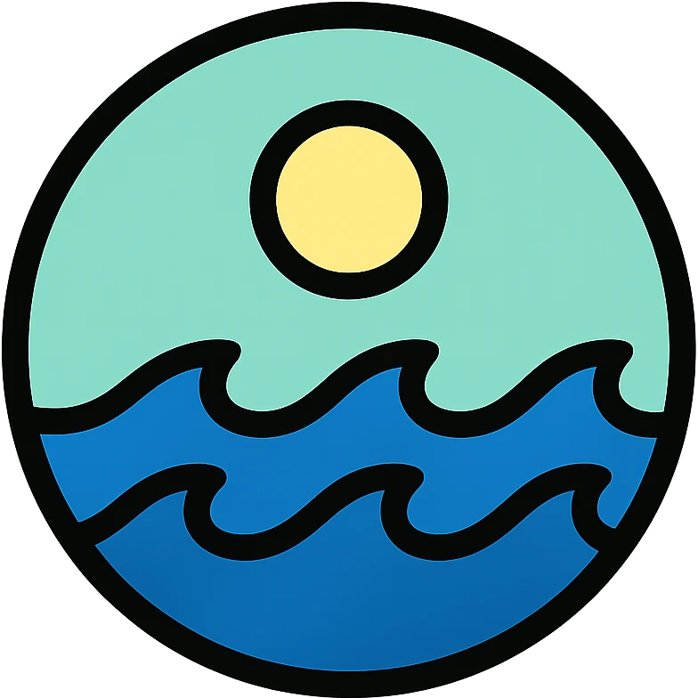 sea icon, circular shape, medium black border, no frame, white background, minimalist, Little Alchemy inspired, color outline style emoji