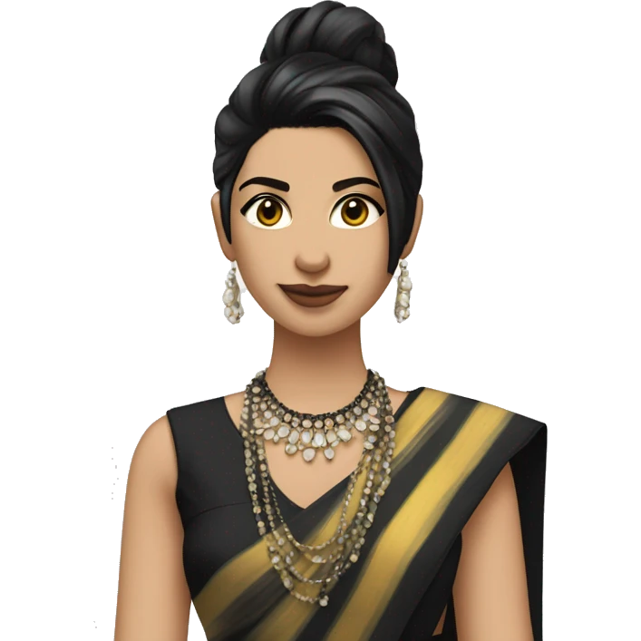 hair straight, American/British white, black hair, white face colour, slender face, wearing a trendy saree and accessories, full body, sharp jawline, edgy emoji