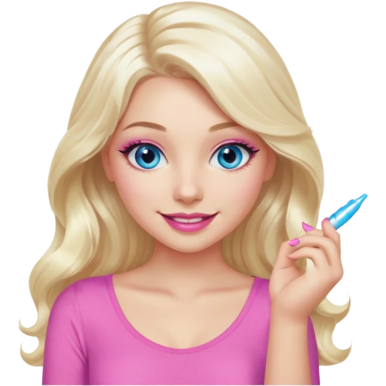 girl with long wavy platinum blonde hair,  blue eyes , long lashes, sexy pink lips, light to medium complexion, wearing a pink sexy top, smiling, finger tips touching emoji