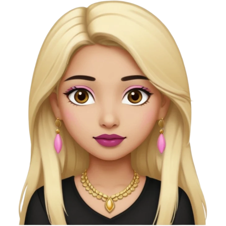 Sweet Indian girl blond long hair darkbrow  eyes brown/pink lipstick blush, black top gold earrings, brown eyebrows  emoji