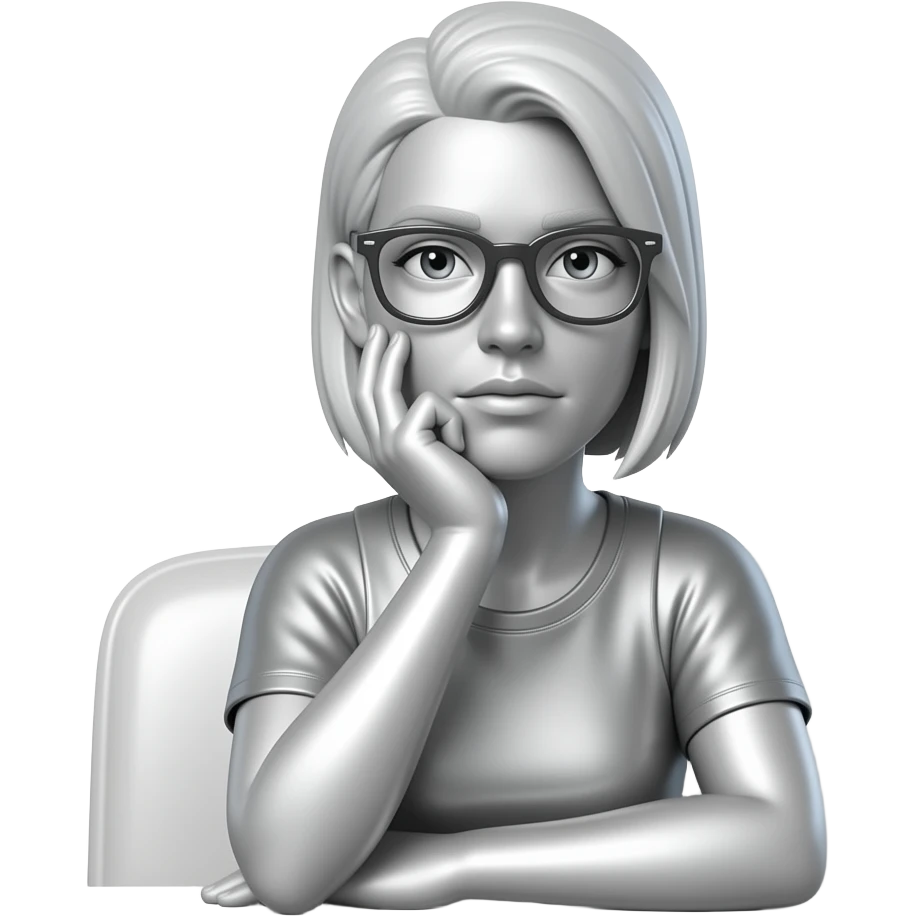 Create an emoji of a seated female figure in metallic silver. The woman is making a thoughtful face expression. The background is white. The final result must have maximum resolution, high contrast, and extreme sharpness. Illustration style: Vintage – Art Deco – 2D emoji