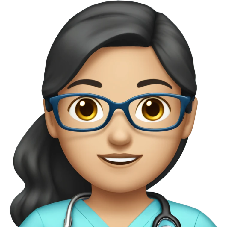 Best friend nurses in blue scrubs one girl has glasses with black hair in a pony tail and the other girl has dark brown hair emoji