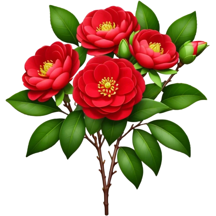 bouquet Red Camellia, luxuriant, stem, leaf, bud emoji