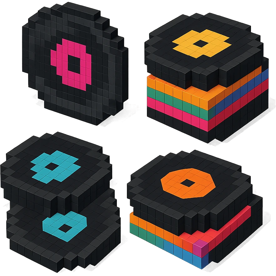 vinyl records collection with colorful labels and a retro feel emoji