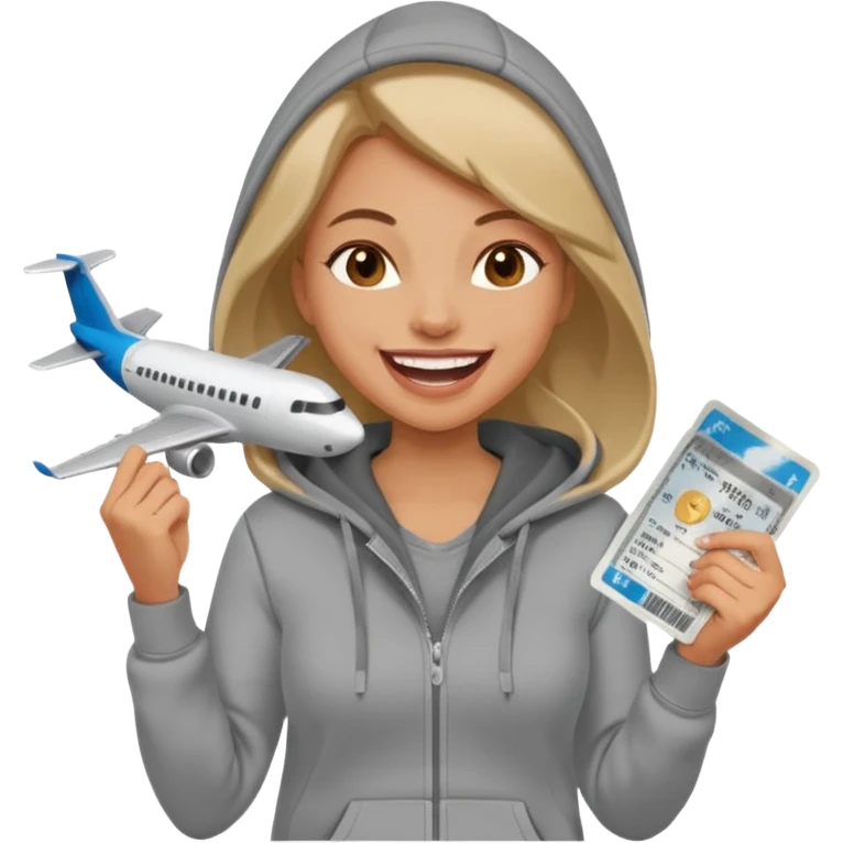 Hilarious, blunt, high energy, and adventurous. woman in hoodie laughing with plane tickets  emoji