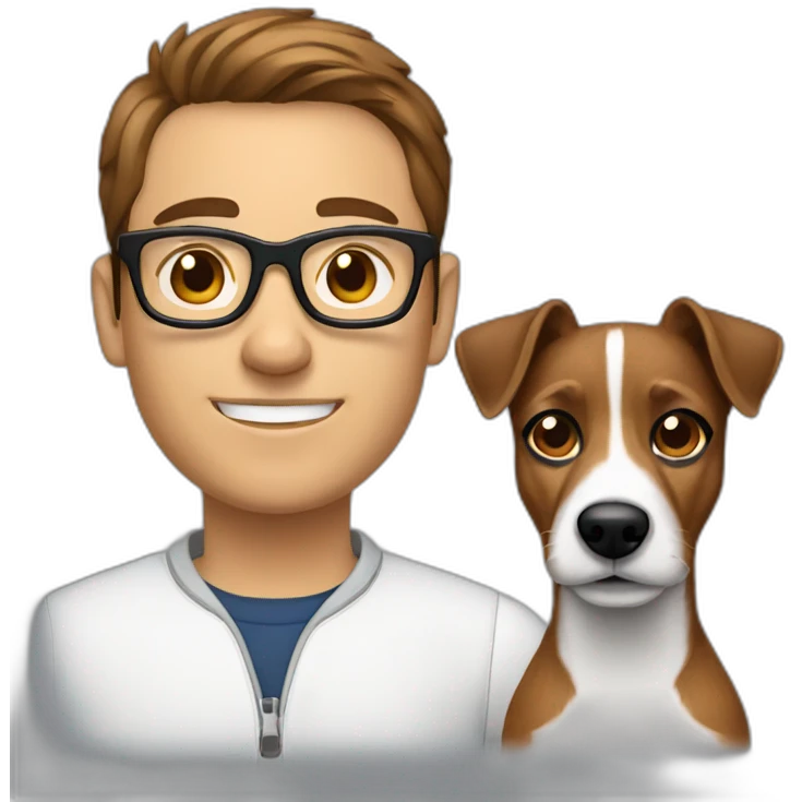 man with glasses with modern cut brown hair with jack russell terrier dog emoji