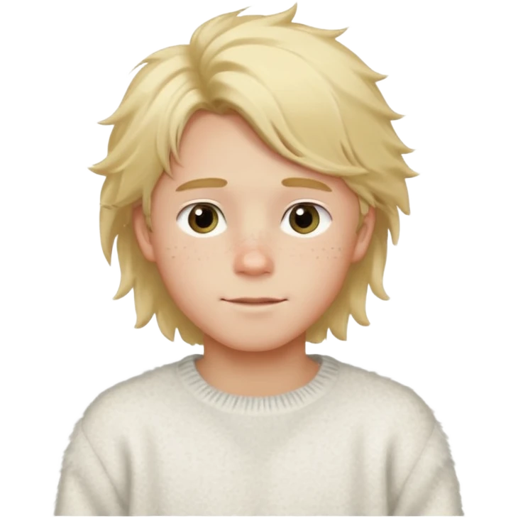 create-a-look-for-a-blond-boy-with-long-tousled-hair-light-eyes-a-white-sweat + fluffy white sweater + styled hair blonde with hair to the side cute + cute face with freckles  medium hair fluffy to the side no long hair cute hair emoji