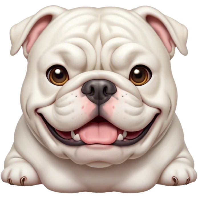 Cinematic Comical White English Bulldog Portrait Emoji, Head tilted dramatically with an exaggeratedly amused expression, featuring a striking pure white coat with a subtle sheen, wide, expressive brown eyes filled with playful disbelief, Simplified yet hilariously expressive features, highly detailed, glowing with a slightly sassy glow, high shine, dramatic yet playful, stylized with an air of cheeky defiance, bright and endearing, soft glowing outline, capturing the essence of a spirited and over-the-top guardian, so meme-worthy it feels like it could side-eye its way into internet fame instantly! emoji