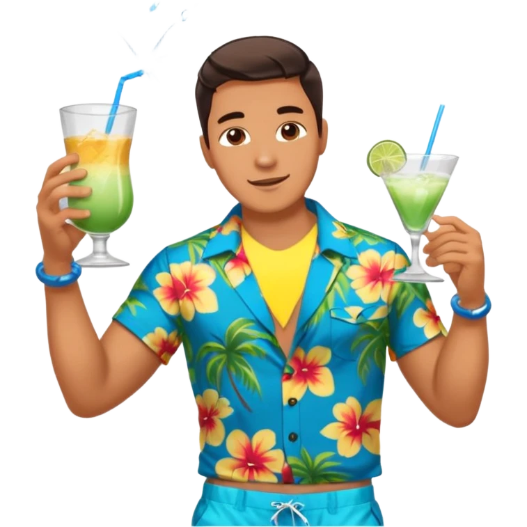 human male Unbuttoned Hawaiian shirt, swim trunks, shaking a cocktail shaker (sparks flying) emoji