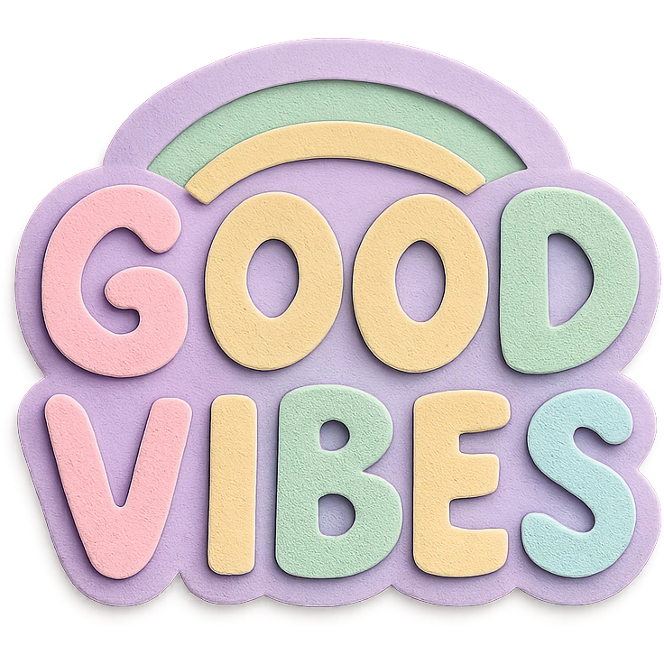 soft pastel rainbow chubby hand-drawn 'Good Vibes' lettering, kawaii style, high resolution, no outline, sticker design emoji