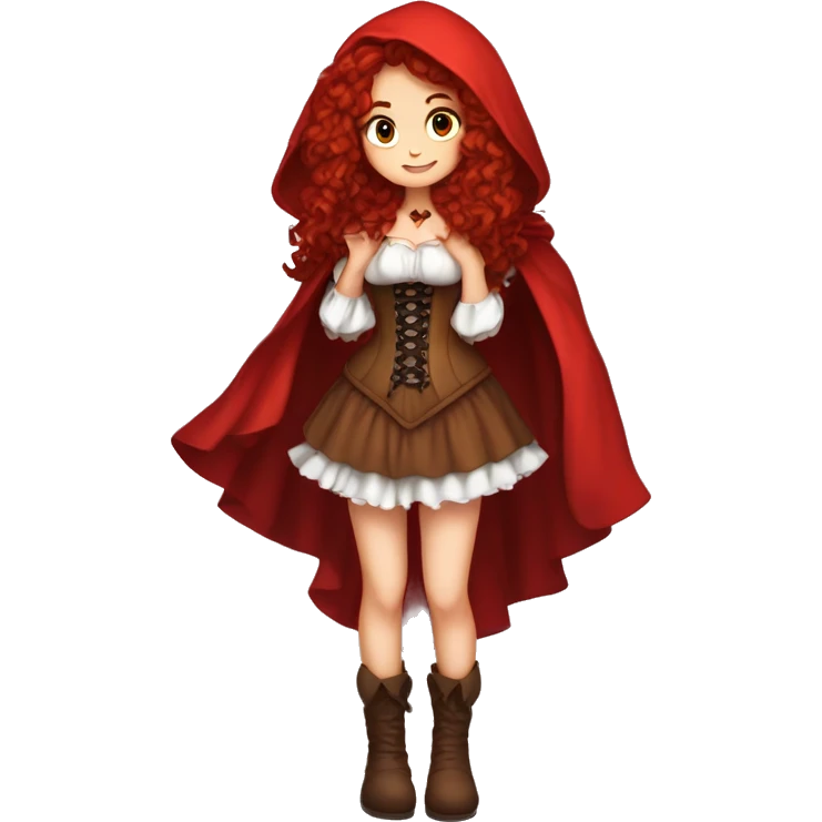 Little Red Riding Hood long curly red hair, brown corset and dress full body pose non-chibi emoji