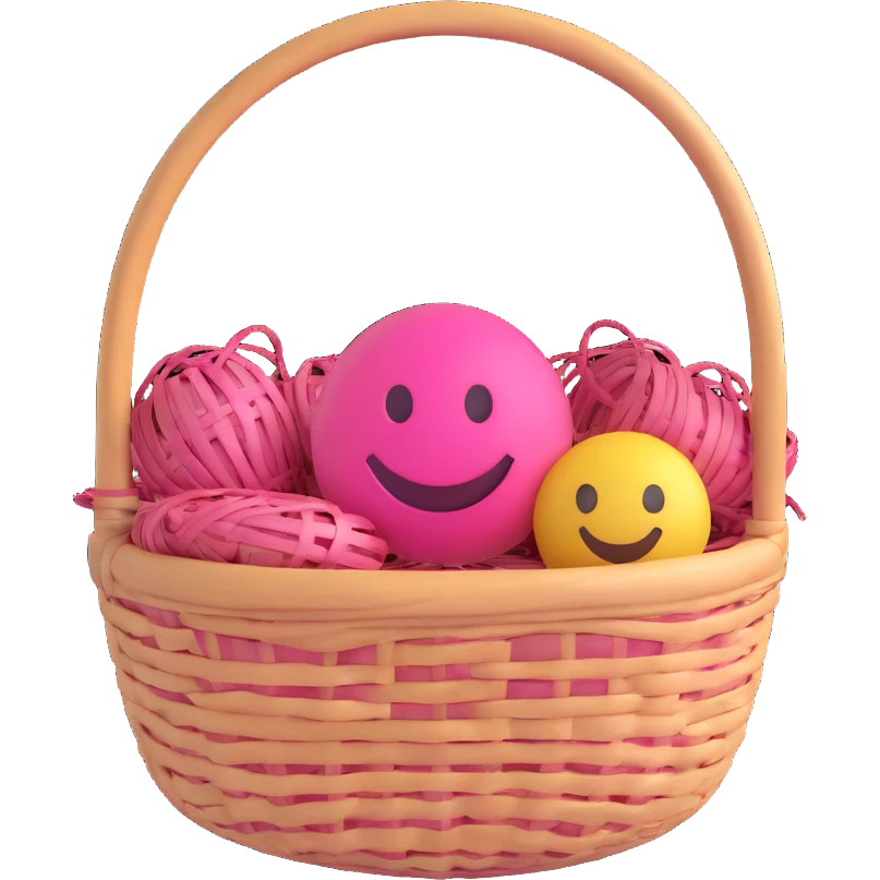 3D smiley emoji, round shape, grandmother with a woven basket, pink color, smiling face emoji
