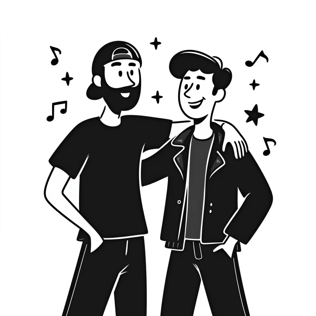 Two male musicians side by side with one arm over the other's shoulder: a 35-year-old with stylized beard, backwards cap, rocker style, and a younger 25-year-old musician, both smiling. Music notes and stars around them. Other band members celebrating in the background. emoji