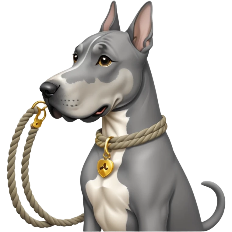 Gray Great Dane with white rope collar and rope Leash with gold accents  emoji