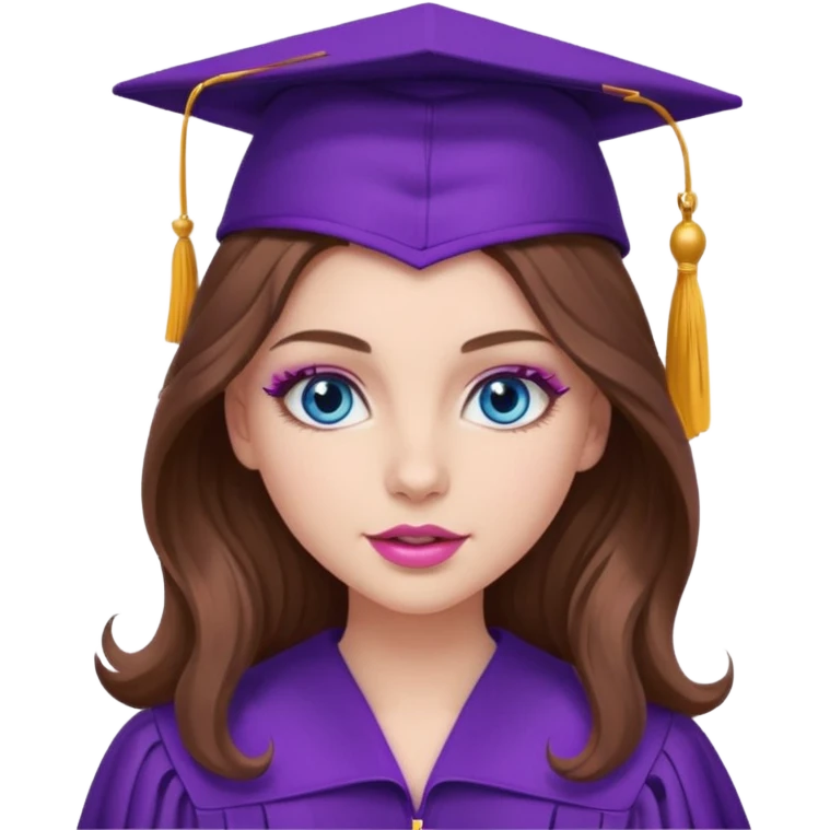 girl with wavy long brown hair, blue eyes, long lashes makeup, sexy pink lips, wearing a purple graduation cap and gown emoji