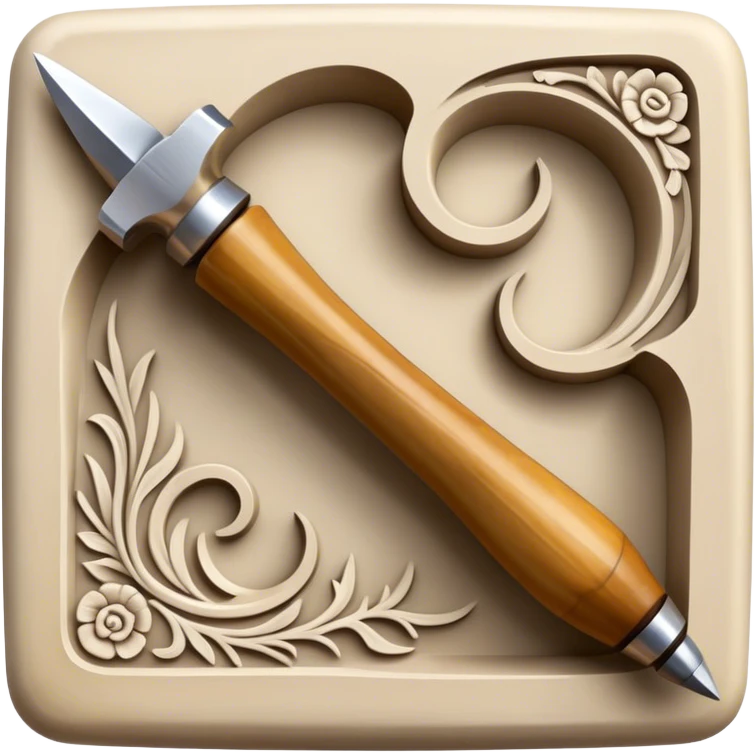 Carving icon, stone, bone, and horn being carved with chisels, fine detailed patterns visible, carving tools like chisel and awl, minimalistic style, clean lines, transparent background. emoji