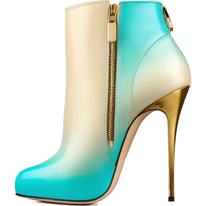 Hyper Realistic isolated forward top view of a pair of tiffany blue ,cream,and gold ombre Jimmy Choo zippered peppe toe Stiletto Heel ankle bootie boots. emoji