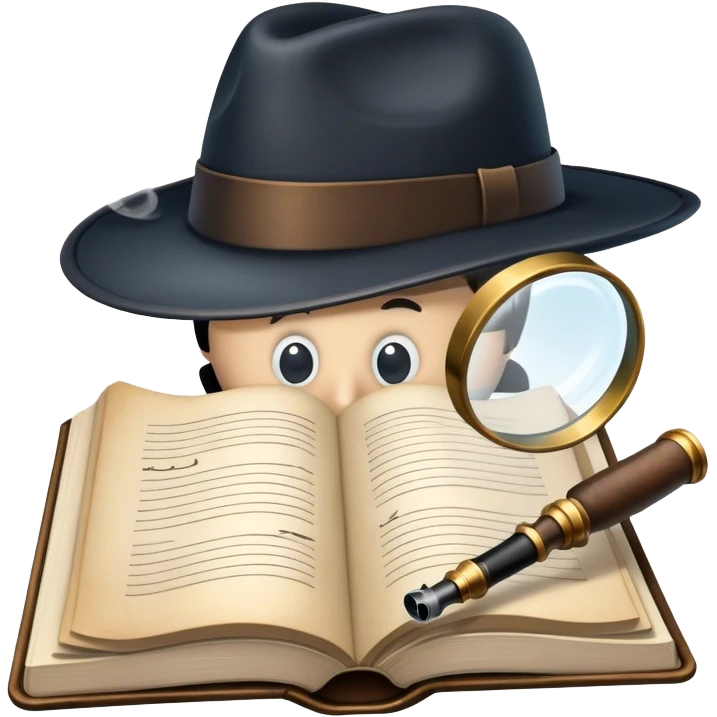 Icon for Detective Reading: an open book with a magnifying glass, a detective’s hat, and a notebook with clues, surrounded by dark shadows and mysterious elements like footprints and a smoking pipe. Transparent background. emoji