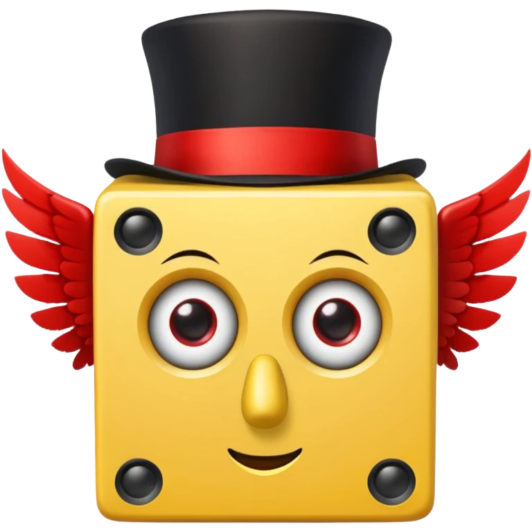yellow lucky block, with 2 red question marks for the pupils inside the eyes, wings, and a red top hat, and has the :3 face  emoji