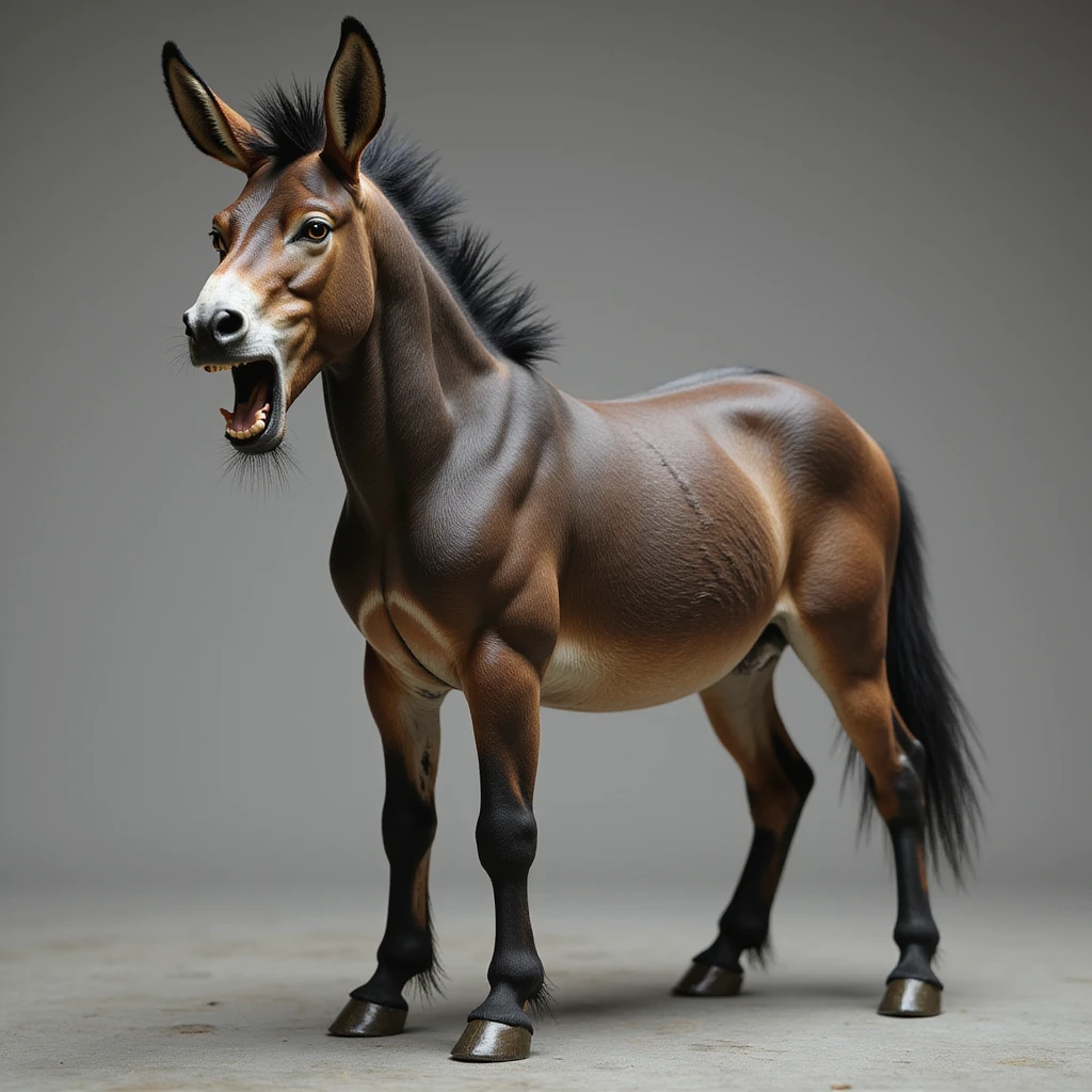 realistic mule, full body, angry stance, ears pinned back, expressive face, detailed anatomy emoji