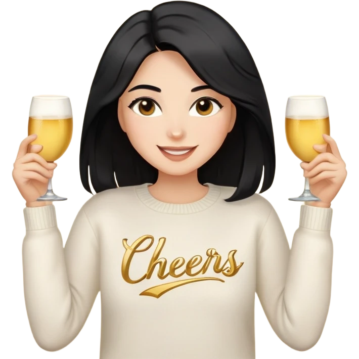 A woman with longer black hair, light to medium skin tone, full cheeks, and almond-shaped eyes, wearing a simple white sweater with the word 'cheers' in gold script, joyful and radiant expression, cheerful, emoji style, just her torso, no hands. emoji