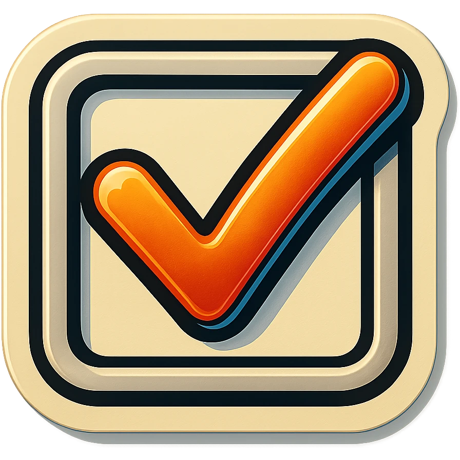 checkbox with a check mark, retro sticker style, rounded corners, black outline, no solid fill, light shadow, transparent background emoji