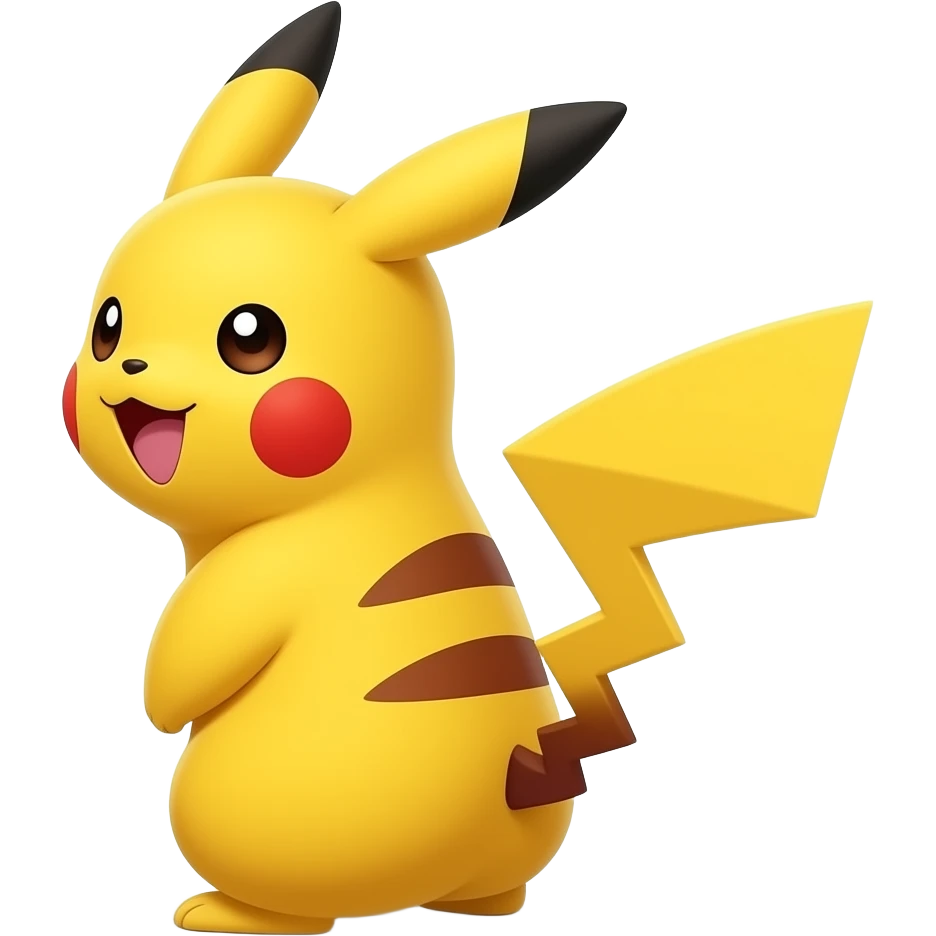 Pikachu turning backward and looking over shoulder, playful grin, ultra clean emoji character design emoji